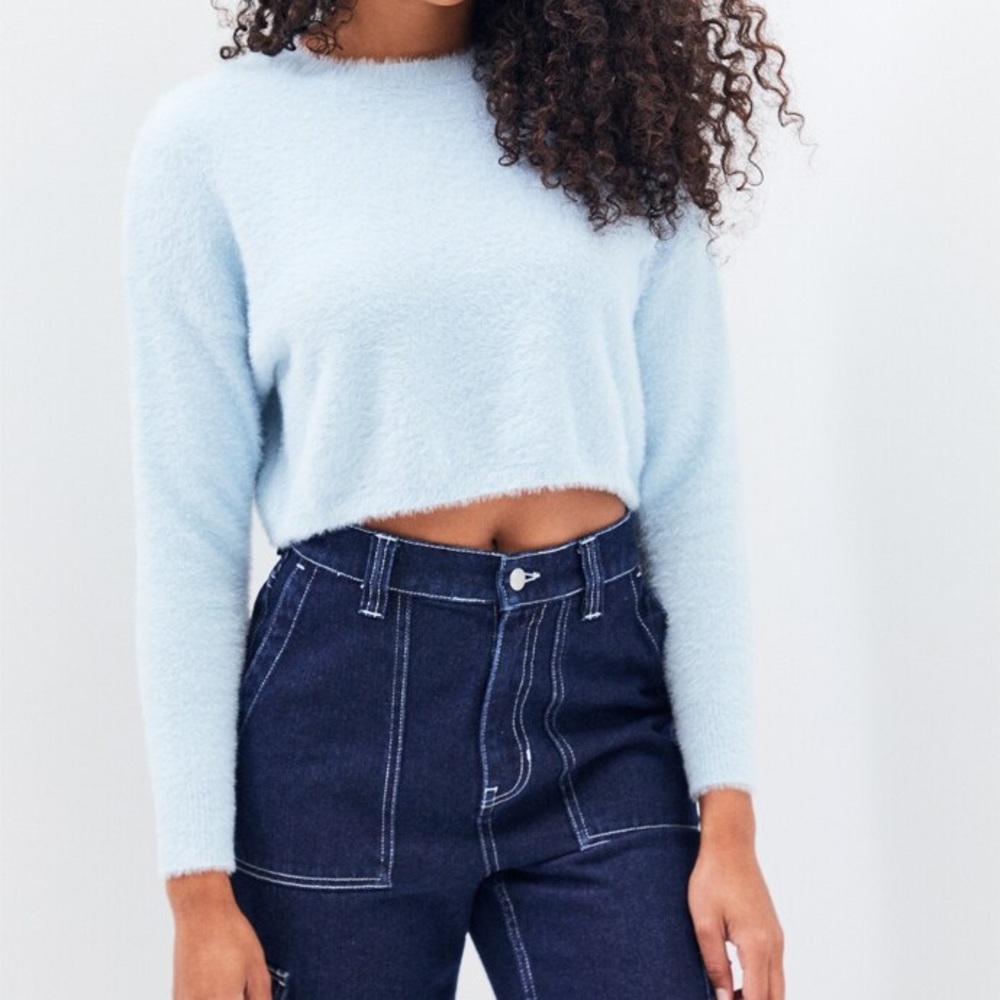 Charlie Holiday Halo Shag Knit Sweater Size Small Baby Blue cropped